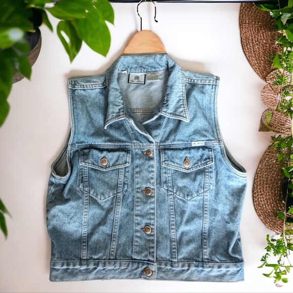 Vintage Bill Blass Denim Waistcoat Vest Sleeveless Biker Trucker Jacket Size M - Picture 1 of 9